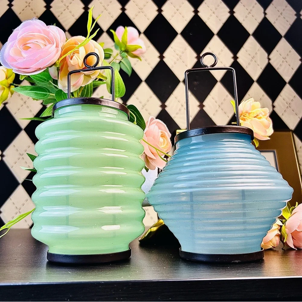 Mid Century Modern‎ Ribbed Glass Tea Light Lanterns, Pair Candle Indoor Outdoor